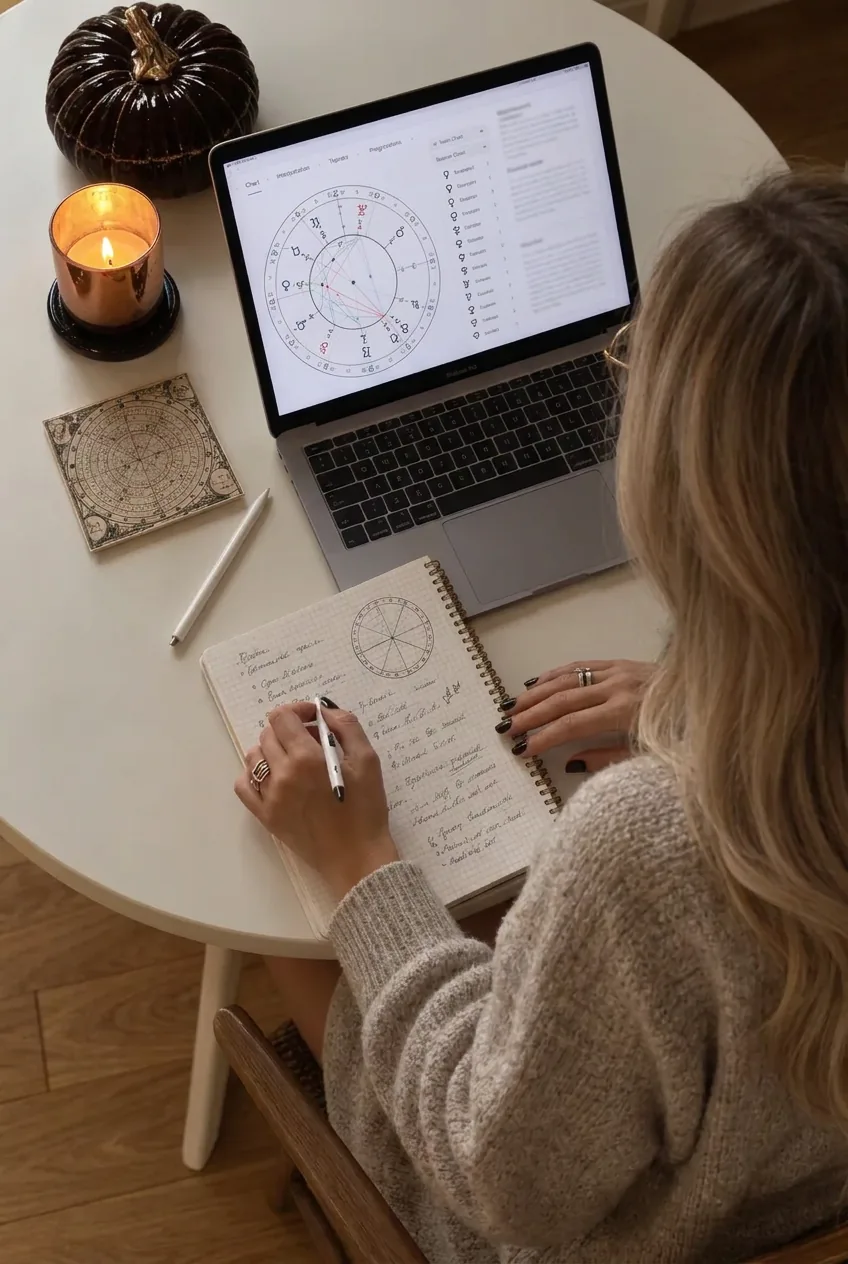 Astrologische Arbeit mit Laptop, Kerze und handschriftlichen Notizen